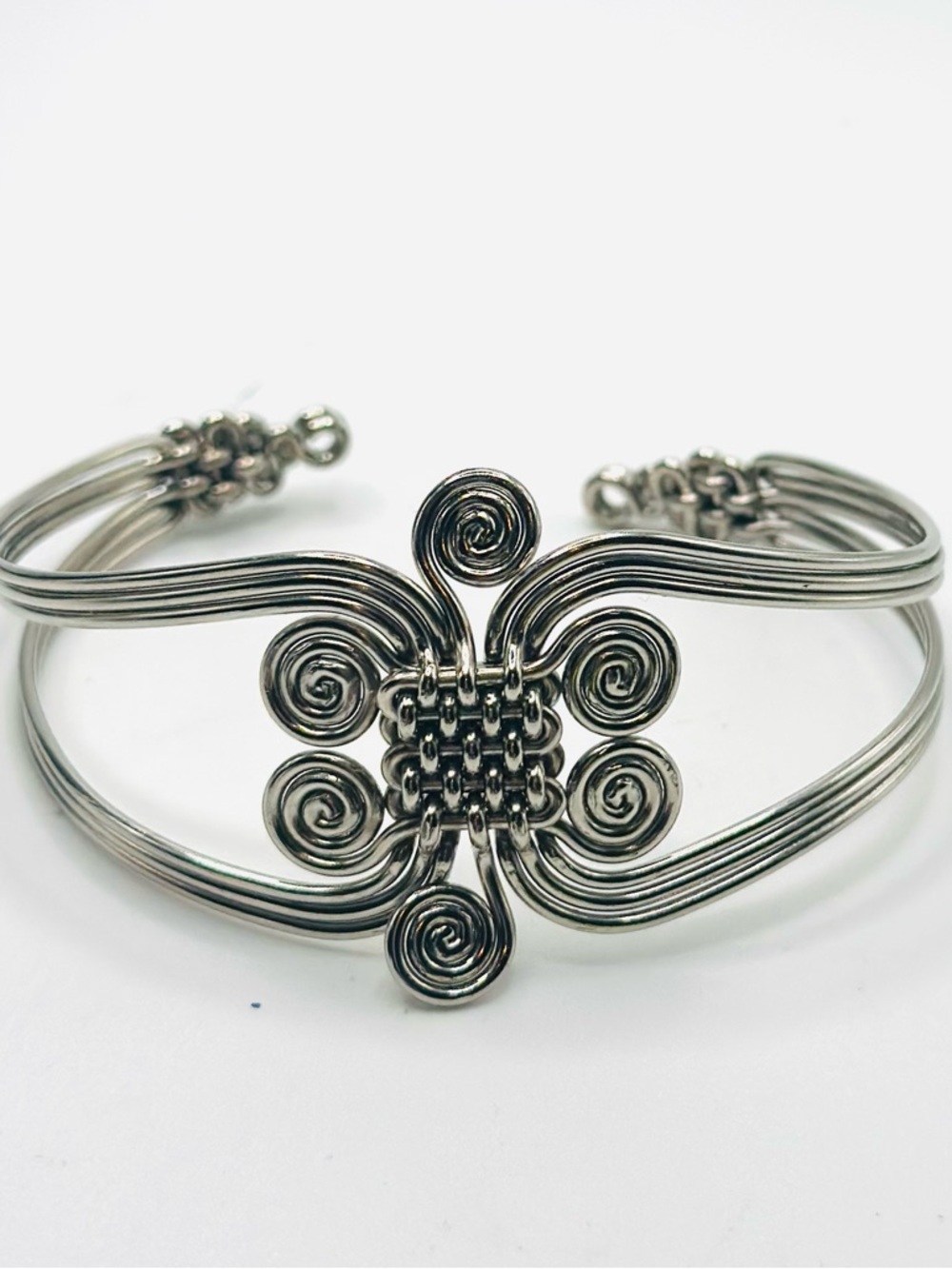 Boho Silver Tone Wire Wrapped Cuff Bracelet Artisan Scroll Modernist Statement